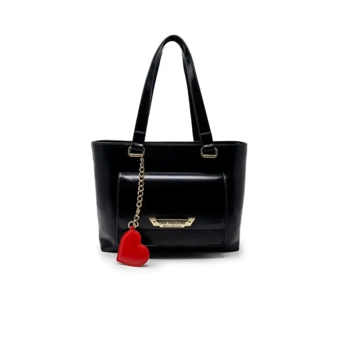 Black leather handbag with red heart charm from Love Moschino Women Bag collection