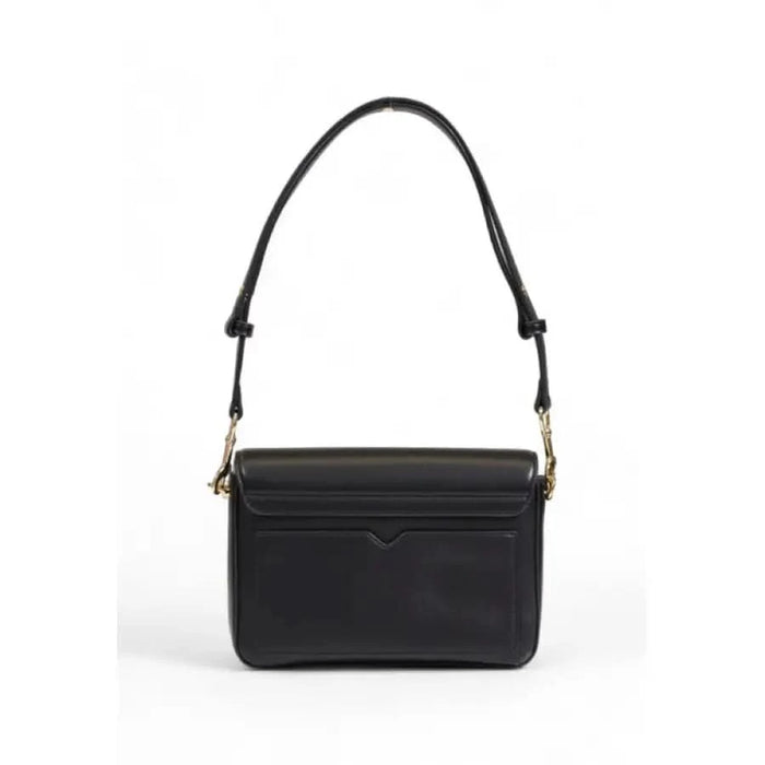 Black leather handbag with shoulder strap and gold-tone hardware by Love Moschino