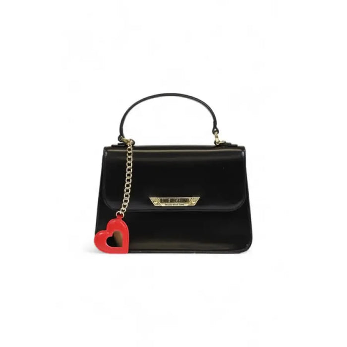 Black leather handbag featuring gold-tone nameplate and red heart charm by Love Moschino