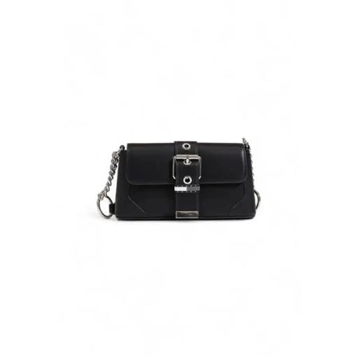 Black leather handbag with silver buckle and chain strap by Tommy Hilfiger for women