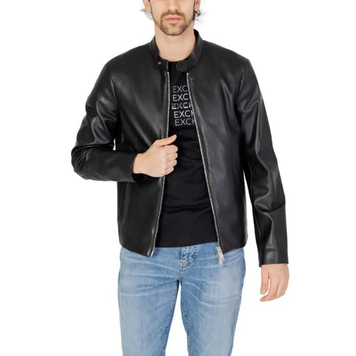 Black leather zip front jacket from Armani Exchange Men Blazer collection