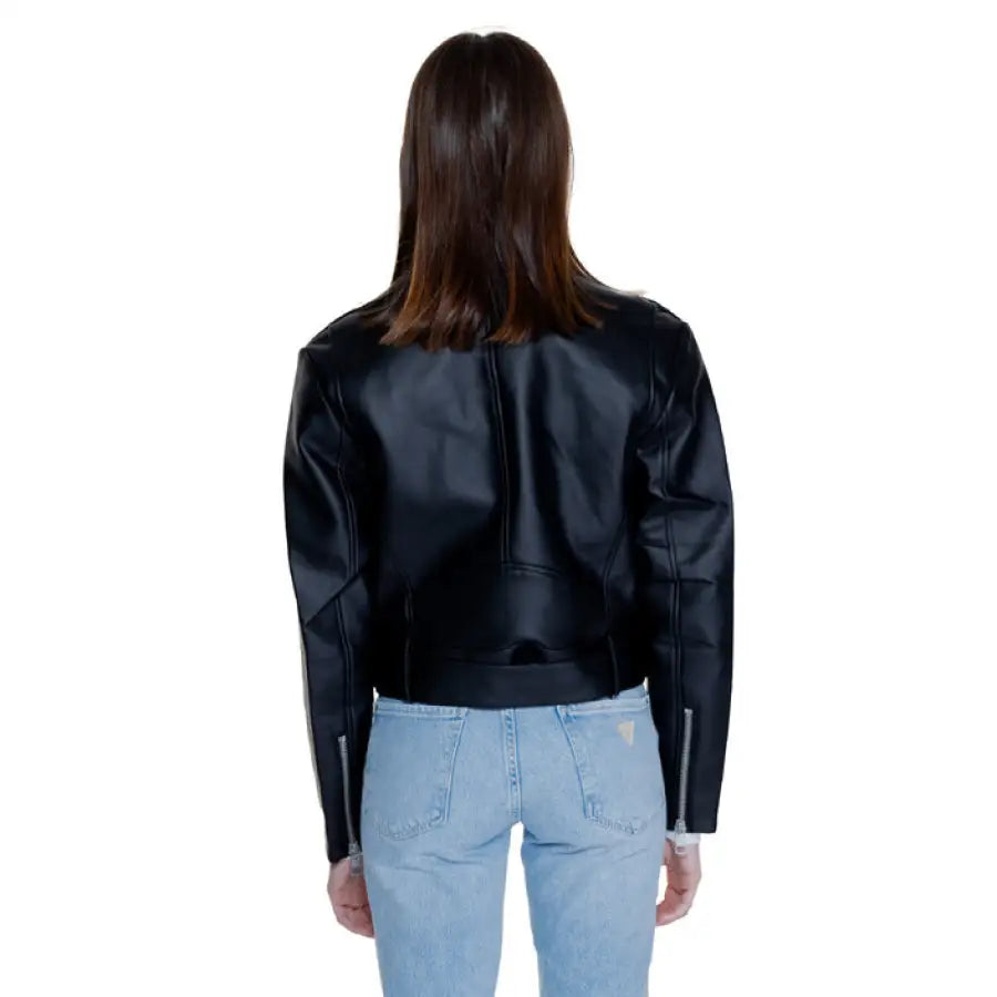 Calvin Klein Women Blazer: Person with straight brown hair in a black leather jacket