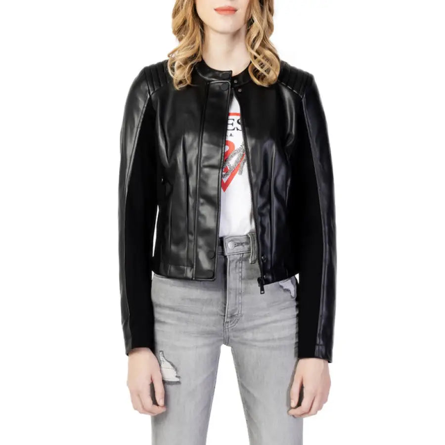Guess Women’s Blazer: Black leather jacket over white graphic t-shirt and light gray jeans