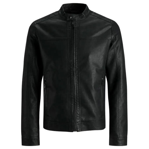 Jack & Jones men blazer model in a black leather jacket with zipper detail.