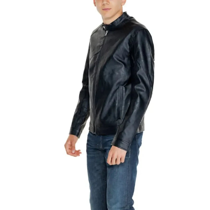 Black leather jacket with zipper front from Jack & Jones Men Jacket collection