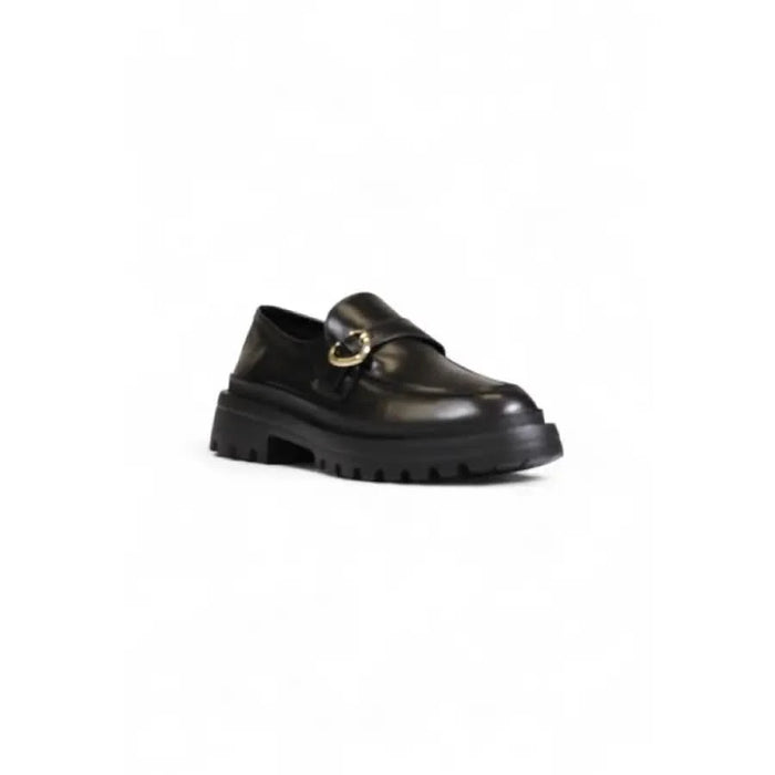 Black leather loafer with chunky sole and metal buckle - Love Moschino Women Moccassin