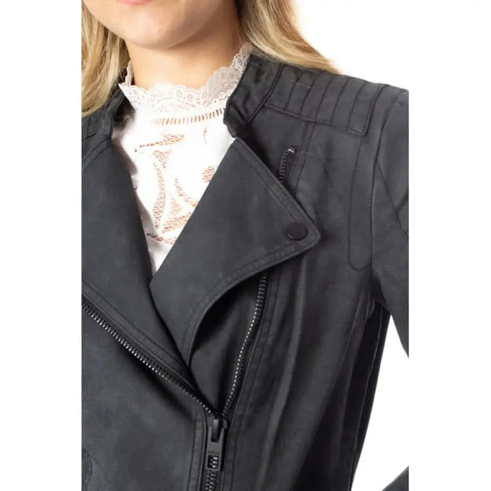 Women’s Black Blazer with Zip and Lapel Collar featuring a stylish Black Leather Moto Jacket