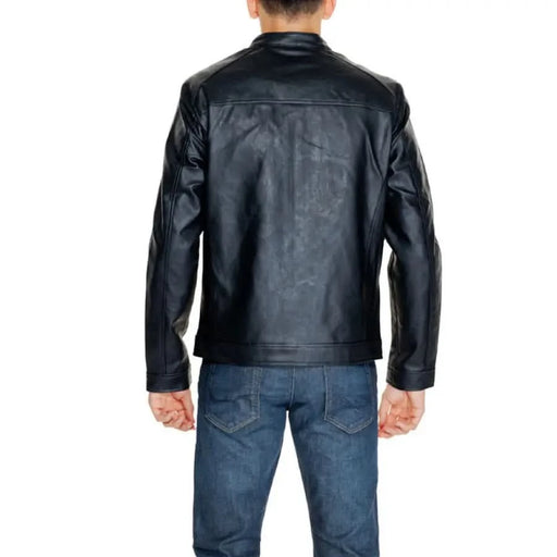 Black leather motorcycle jacket from the back by Jack & Jones Men Jacket