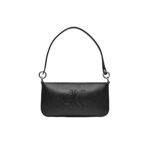 Black leather shoulder bag featuring embossed CK logo from Calvin Klein Jeans