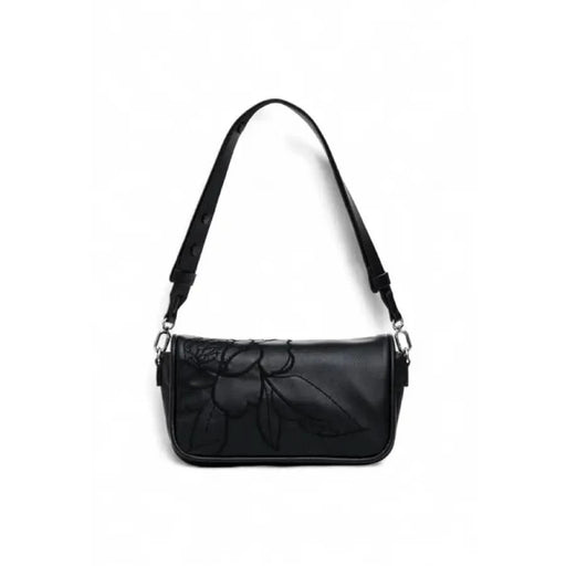 Black leather shoulder bag with embossed floral pattern from Desigual for women