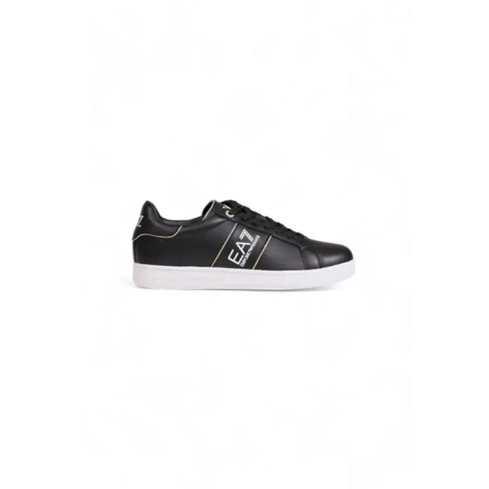 Black leather EA7 women’s sneaker with white sole and side branding