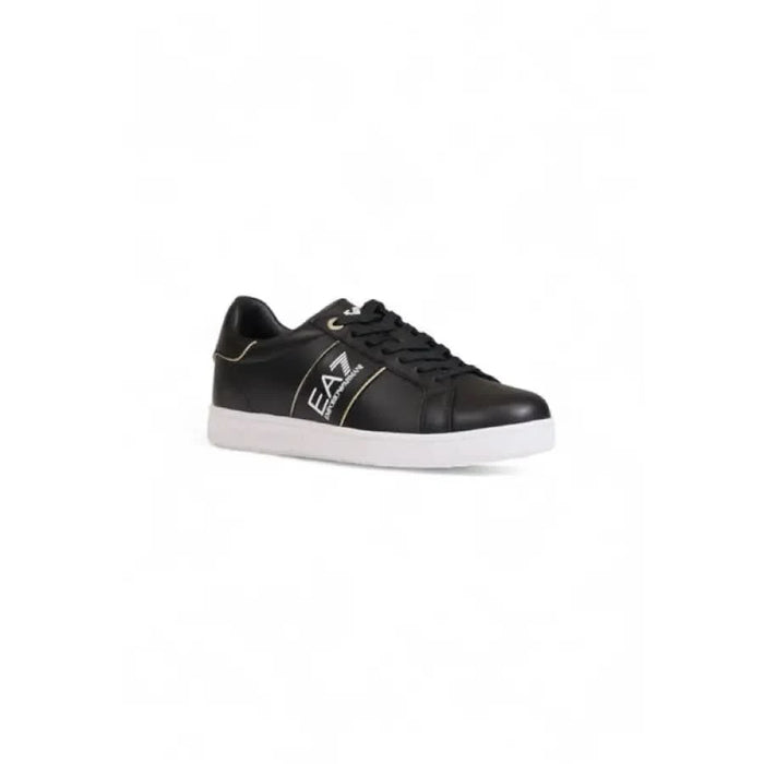 Black leather sneaker with white sole and EA7 logo, showcased in Ea7 Women Sneakers collection