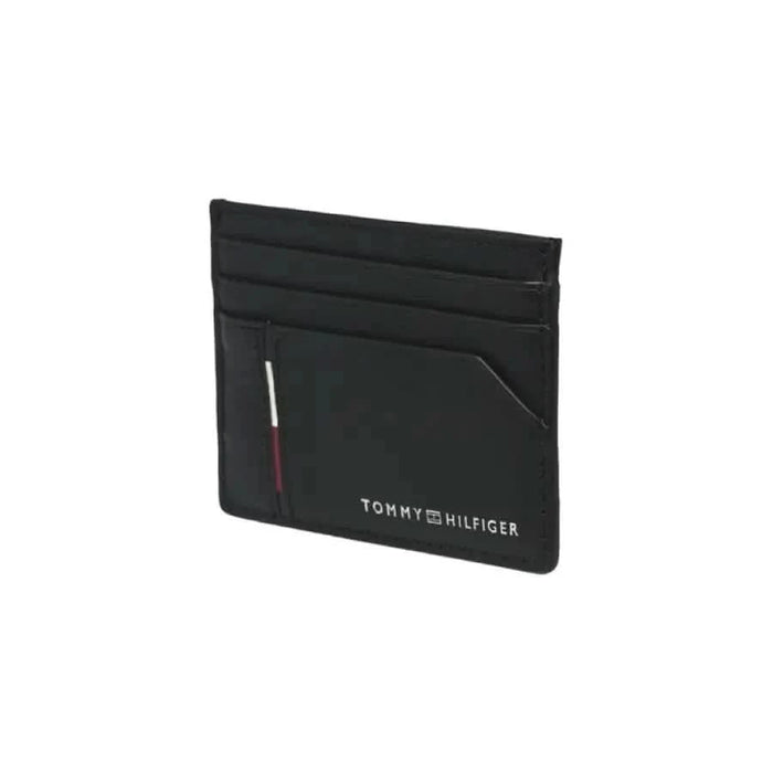 Black leather Tommy Hilfiger Men wallet with slots and red accent stripe for stylish convenience