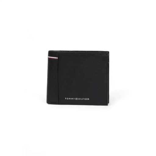 Black leather Tommy Hilfiger wallet with red and white stripe accent for men