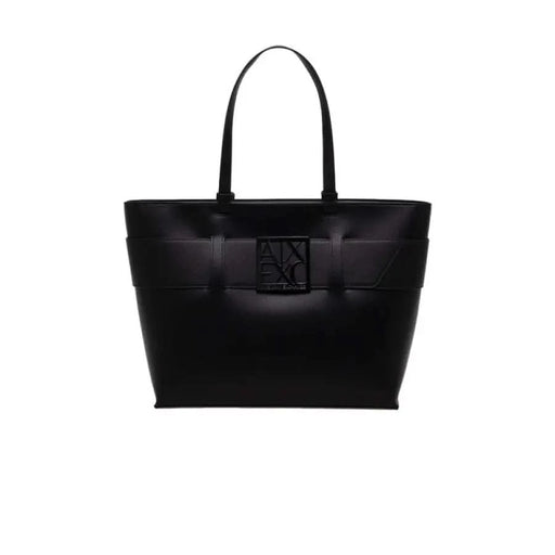 Black leather tote bag with structured design and embossed logo from Armani Exchange