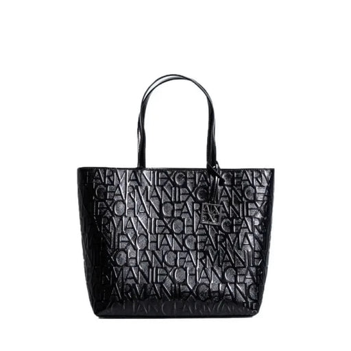 Black leather tote bag featuring embossed Armani Exchange logo pattern for women