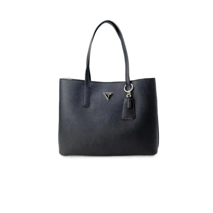 Black leather tote bag with handles featuring a small triangular logo from Guess Women Bag