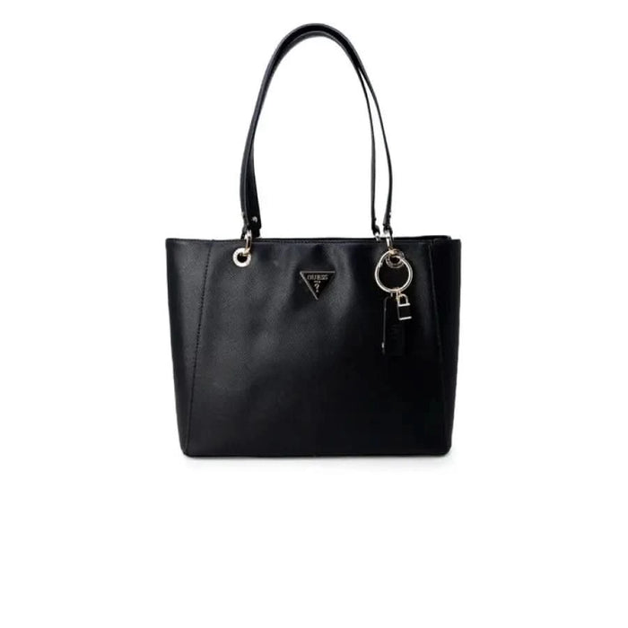 Black leather tote handbag with silver hardware and triangular logo by Guess