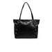 Black leather tote bag by Guess featuring decorative side straps and V-shaped logo