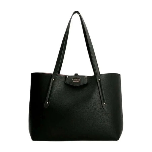 Black leather tote bag with long handles and metal logo from Guess Women Bag