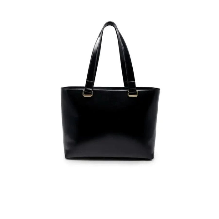 Black leather tote bag with double handles and gold-tone hardware by Love Moschino