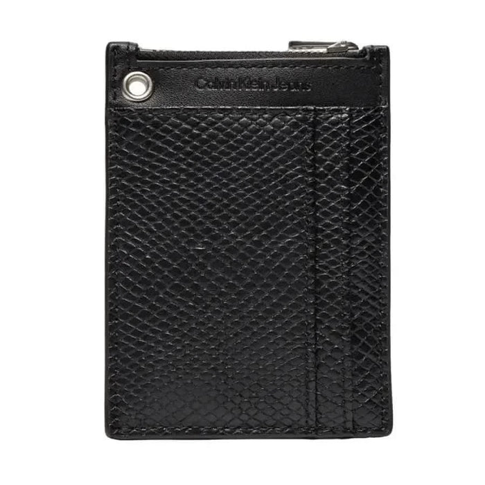 Black leather wallet with textured pattern and zipper closure from Calvin Klein Jeans