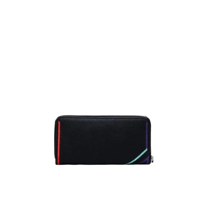 Black leather wallet with colorful stripe accents by Desigual for women