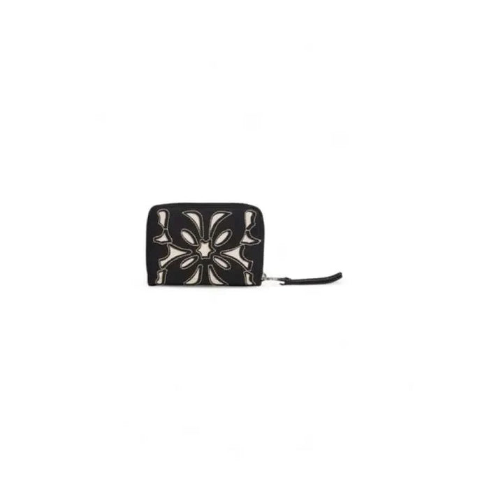 Black leather wallet with silver floral embellishments by Desigual with zipper closure