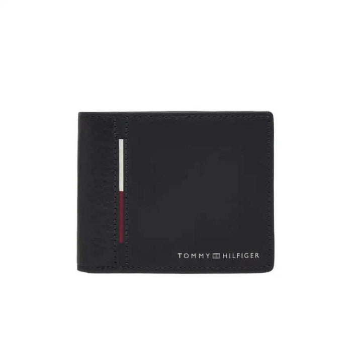 Black leather Tommy Hilfiger men wallet featuring subtle red accent stripe