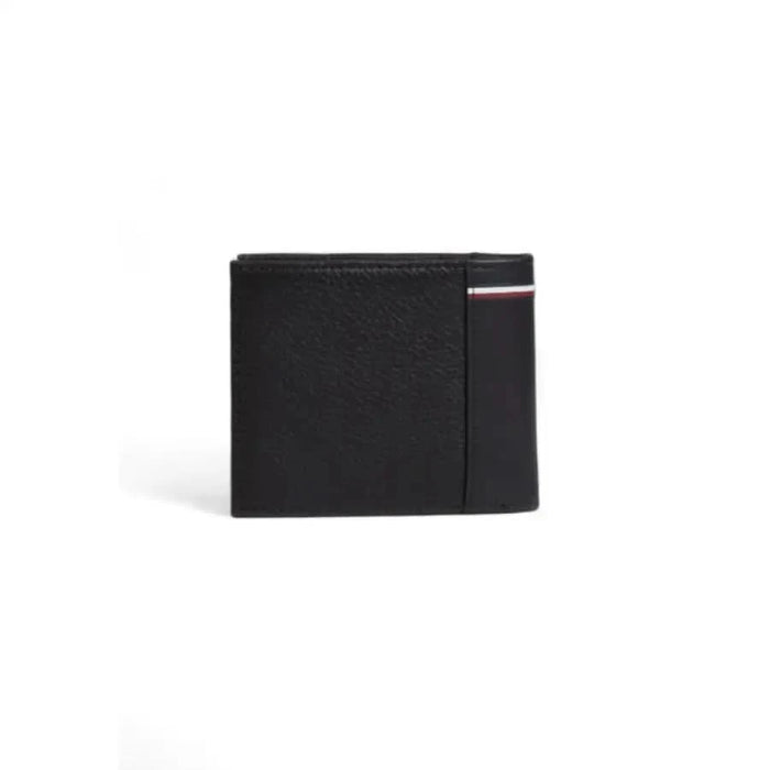 Tommy Hilfiger Men Wallet Black Leather with Red and White Stripe Accent