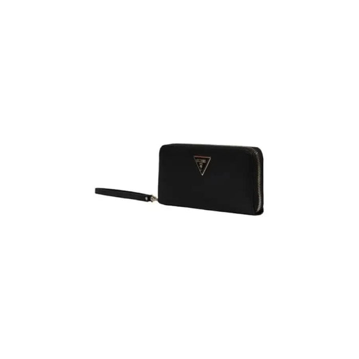 Black leather zip-around wallet with triangular logo from Guess Women’s collection