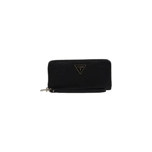 Black leather zip-around wallet featuring triangular Guess logo designed for women