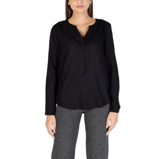 Black long-sleeve henley blouse with split neckline from Street One Women Blouse