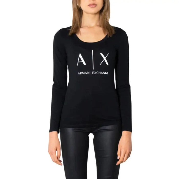 Black long-sleeved top featuring A|X ARMANI EXCHANGE logo for women by Armani Exchange