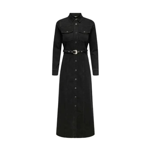 Black long-sleeved maxi dress with belt and chest pockets by Only for women