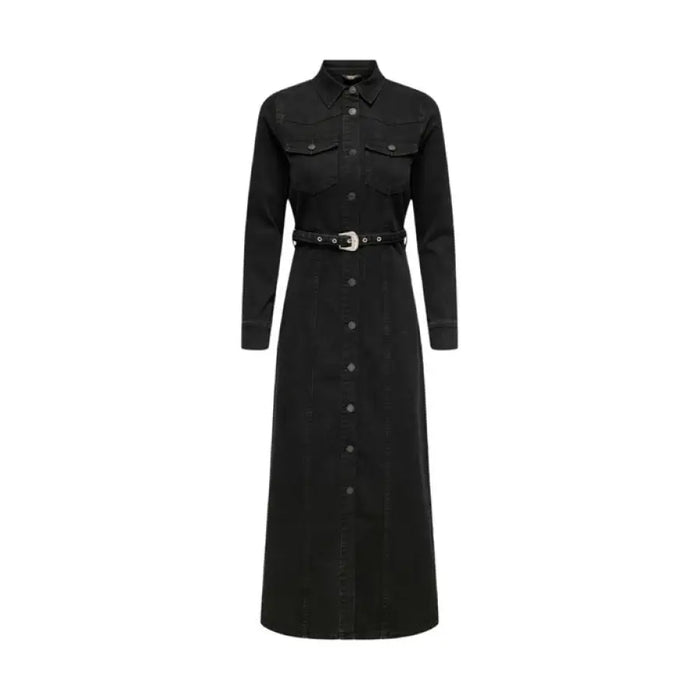 Black long-sleeved maxi dress with belt and chest pockets by Only for women