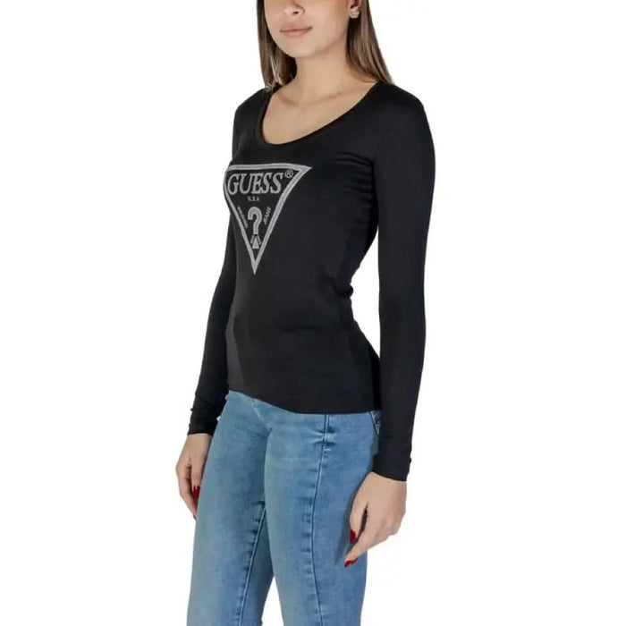 Black Guess Women Printed Round Neck T-Shirt with triangular logo design