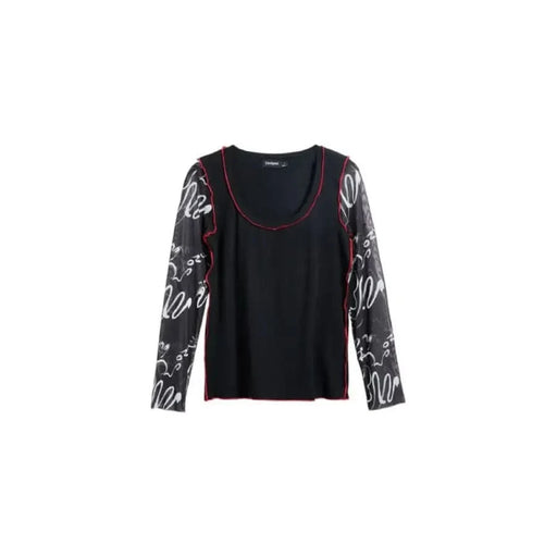 Black long-sleeved top with patterned sleeves and pink trim by Desigual