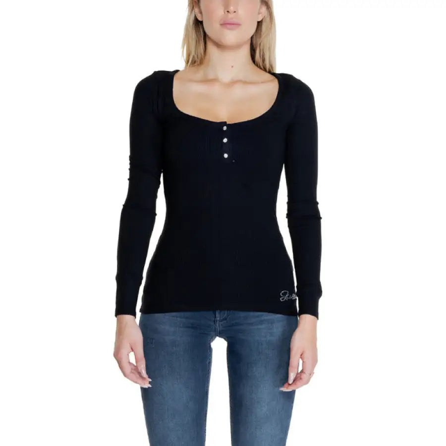Black scoop neckline long-sleeved top with buttons - Guess Women’s Knitwear