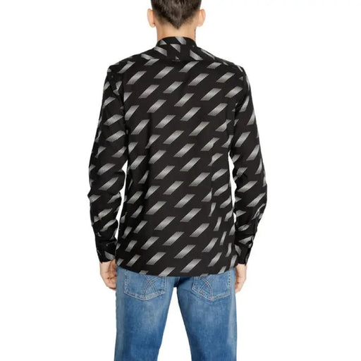 Antony Morato Men Shirt - Black with gray stripes, worn with blue jeans