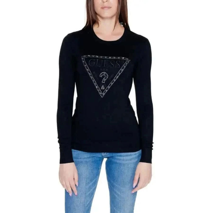 Black long-sleeved Guess sweater with triangular logo on front - Women Knitwear