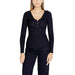 Black long-sleeved V-neck top with zipper detail by Morgan De Toi for women