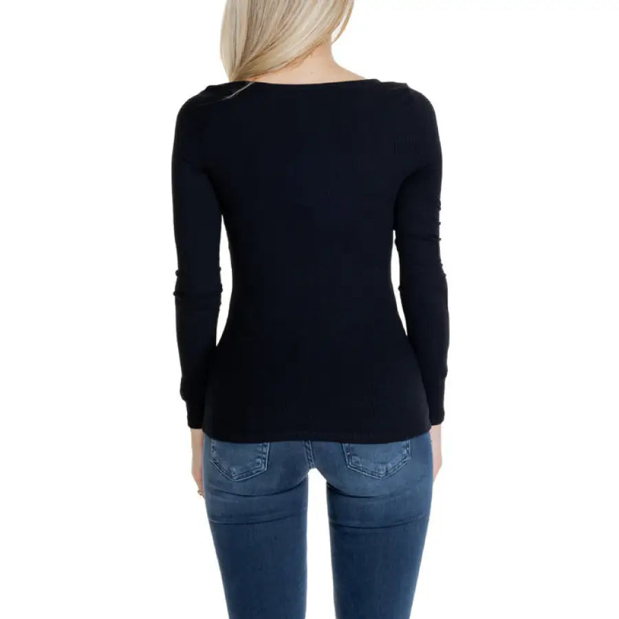 Guess Women Knitwear: Black Long-Sleeved Top with Blue Jeans, Back View