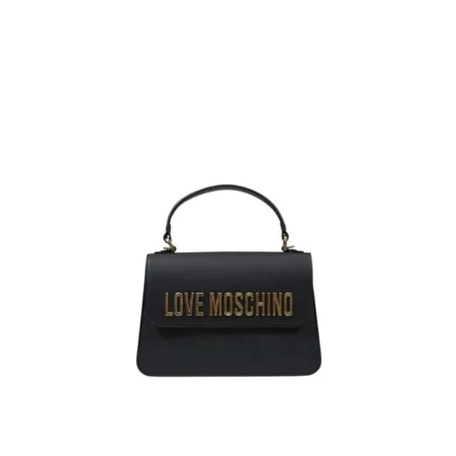 Black Love Moschino handbag featuring gold lettering and a top handle design