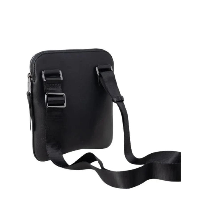 Black messenger bag with adjustable strap and buckle closures from Armani Exchange