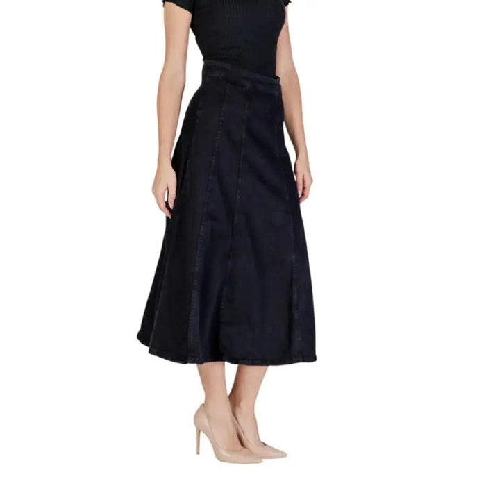 Black midi-length A-line dress with cap sleeves and fitted waist from Ichi Women Skirt