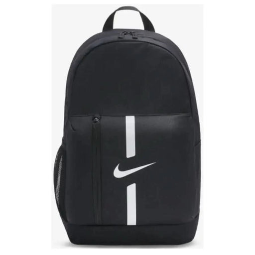 Black Nike backpack with white logo and stripe detailing for men’s fashion