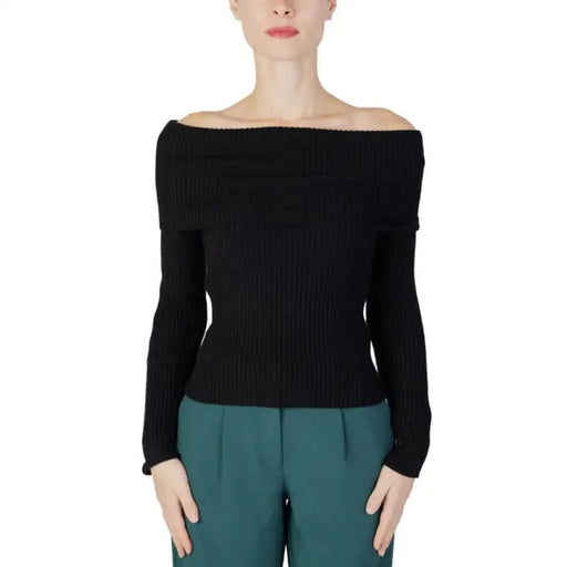 Black off-shoulder ribbed sweater with long sleeves from Only Women Knitwear