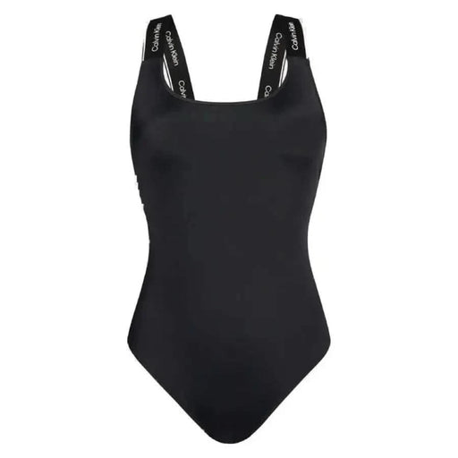 Black one-piece swimsuit with logo-printed shoulder straps by Calvin Klein Women Beachwear