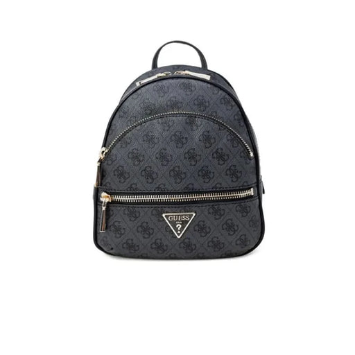 Black patterned Guess Women Bag with triangular logo and gold-toned zippers